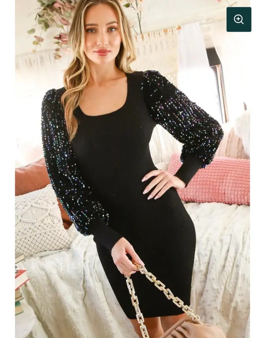 Vine & Love Black Sequin Puff-Sleeve Midi Dress NWT L